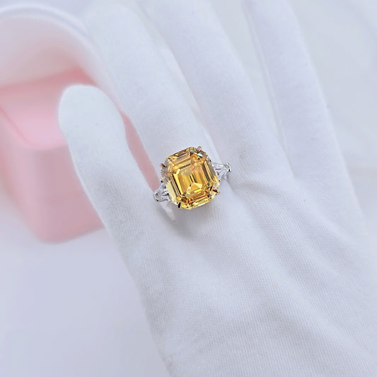 Flash Sale - Yellow Sapphire Asscher Cut Three Stone Engagement Ring-Black Diamonds New York