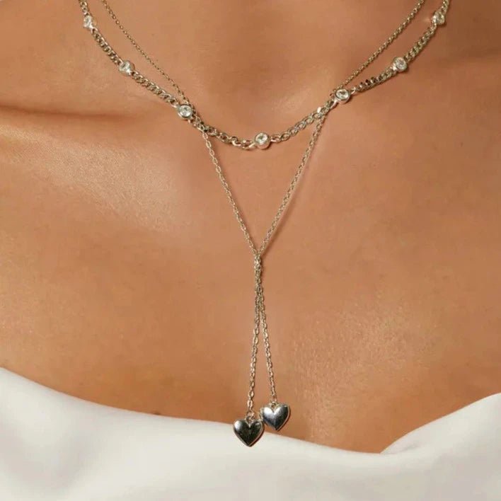 Round Diamond Double Layered Necklace with Heart Pendant-Black Diamonds New York