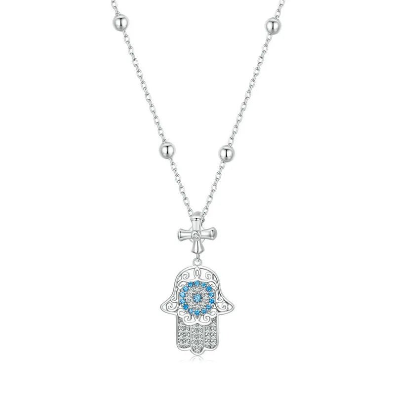 Round Diamond Hamsa Pendant Necklace with Cross-Black Diamonds New York