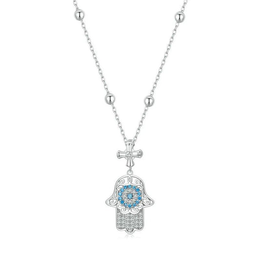 Round Diamond Hamsa Pendant Necklace with Cross-Black Diamonds New York