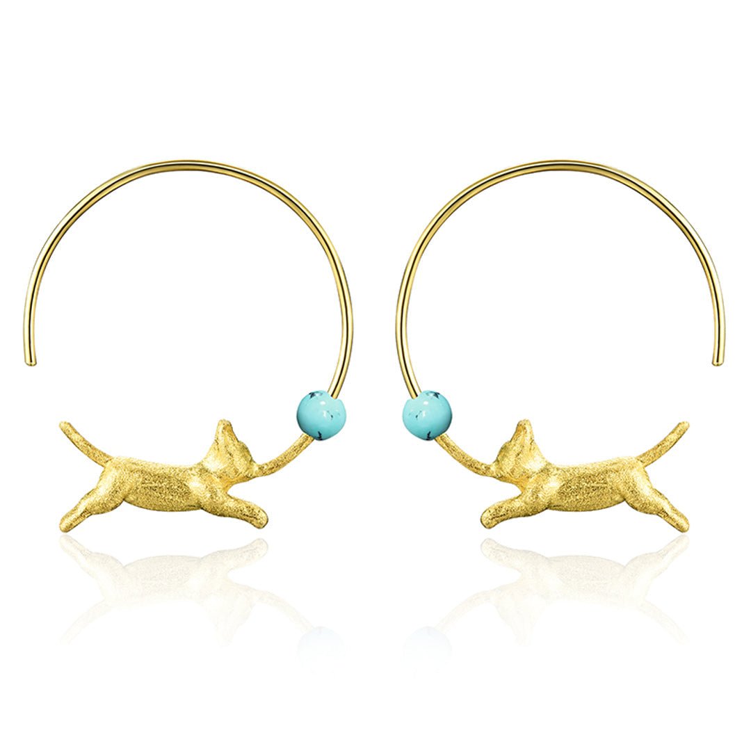 Running Cat with Balloon Round Hoop Earrings-Black Diamonds New York