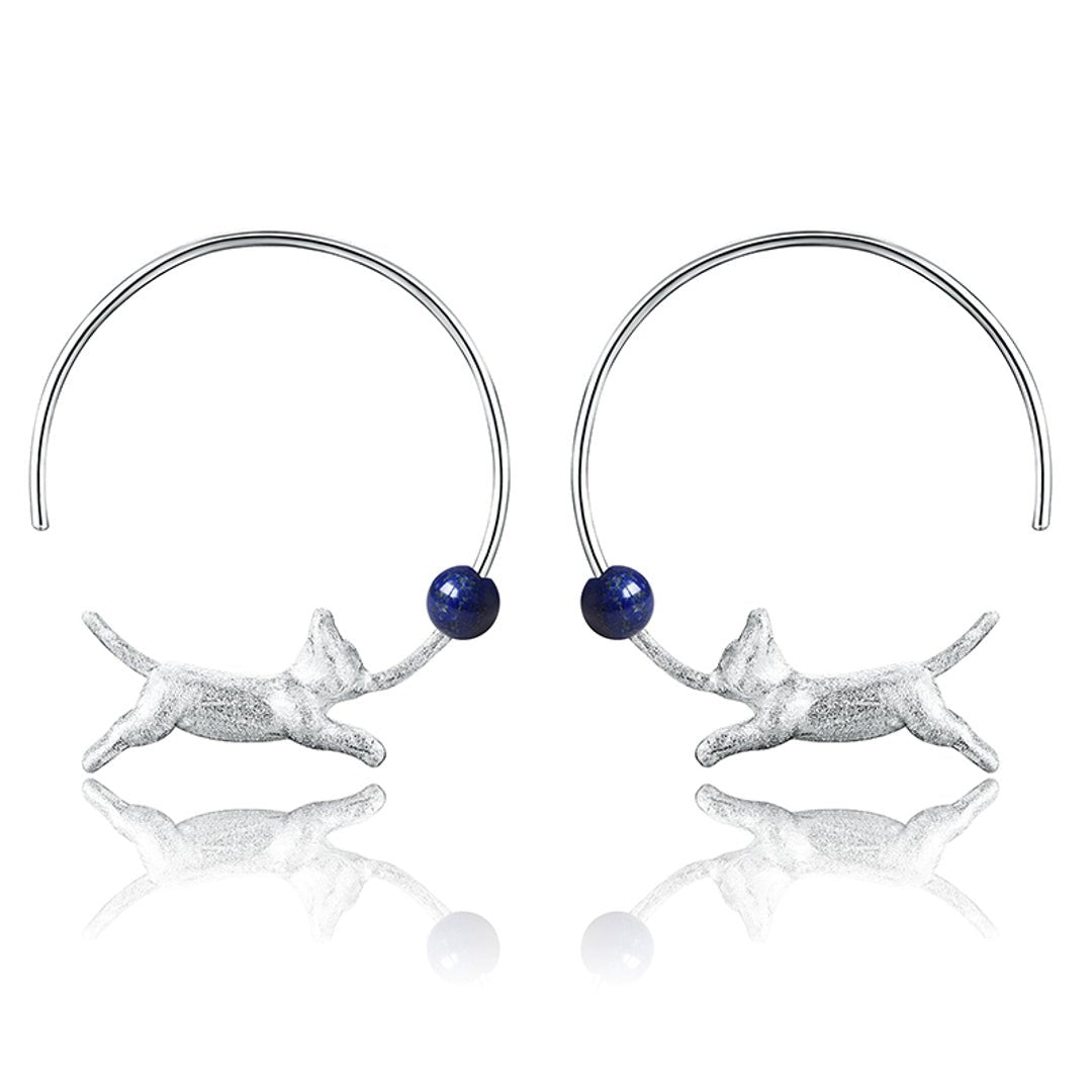 Running Cat with Balloon Round Hoop Earrings-Black Diamonds New York