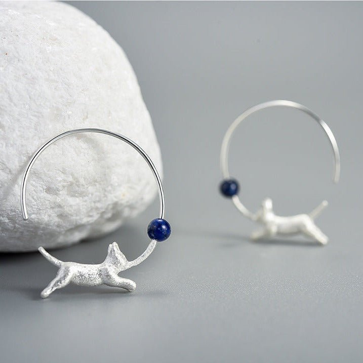 Running Cat with Balloon Round Hoop Earrings-Black Diamonds New York