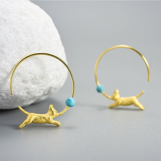 Running Cat with Balloon Round Hoop Earrings-Black Diamonds New York