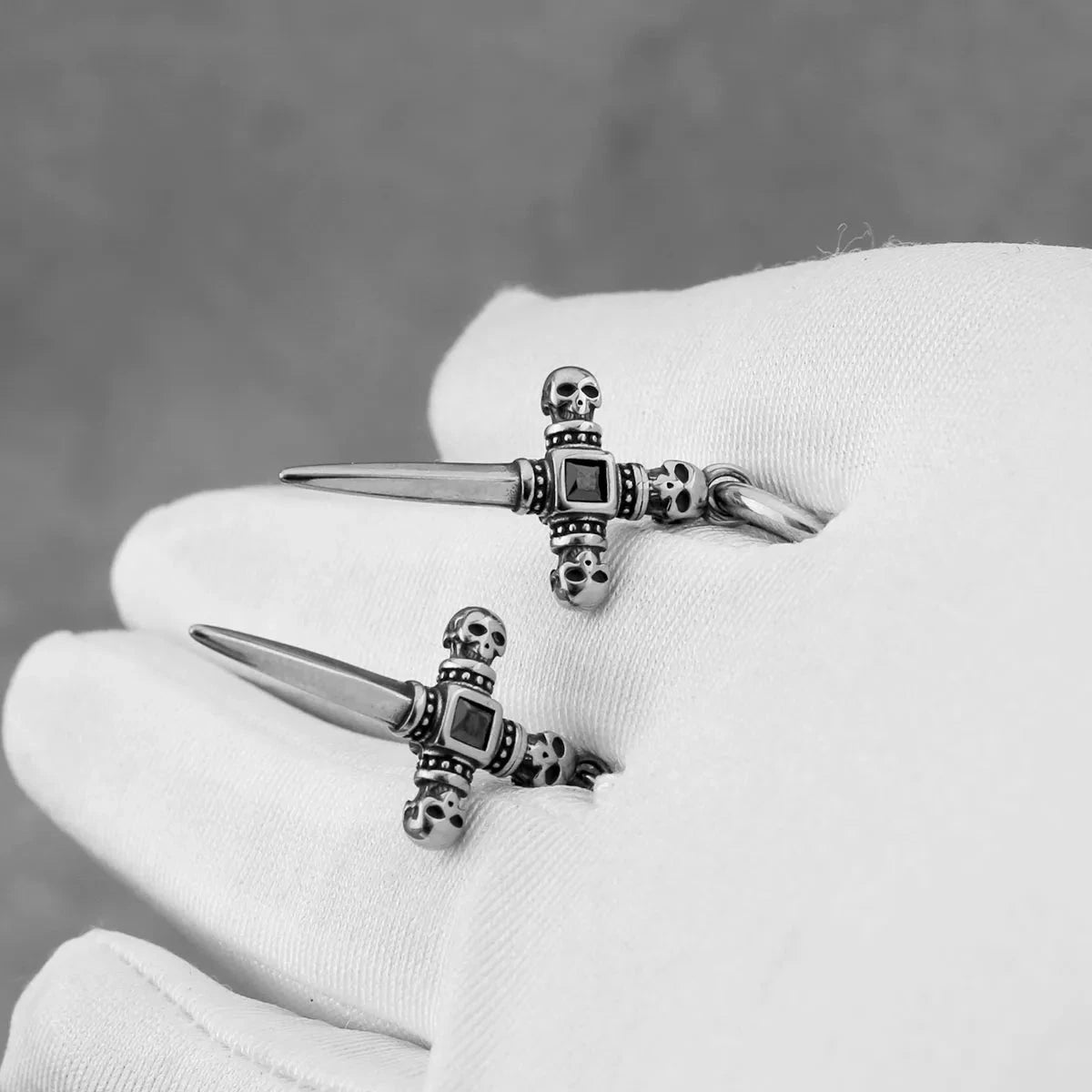 Stainless Steel Skull Cross Unisex Drop Earrings-Black Diamonds New York