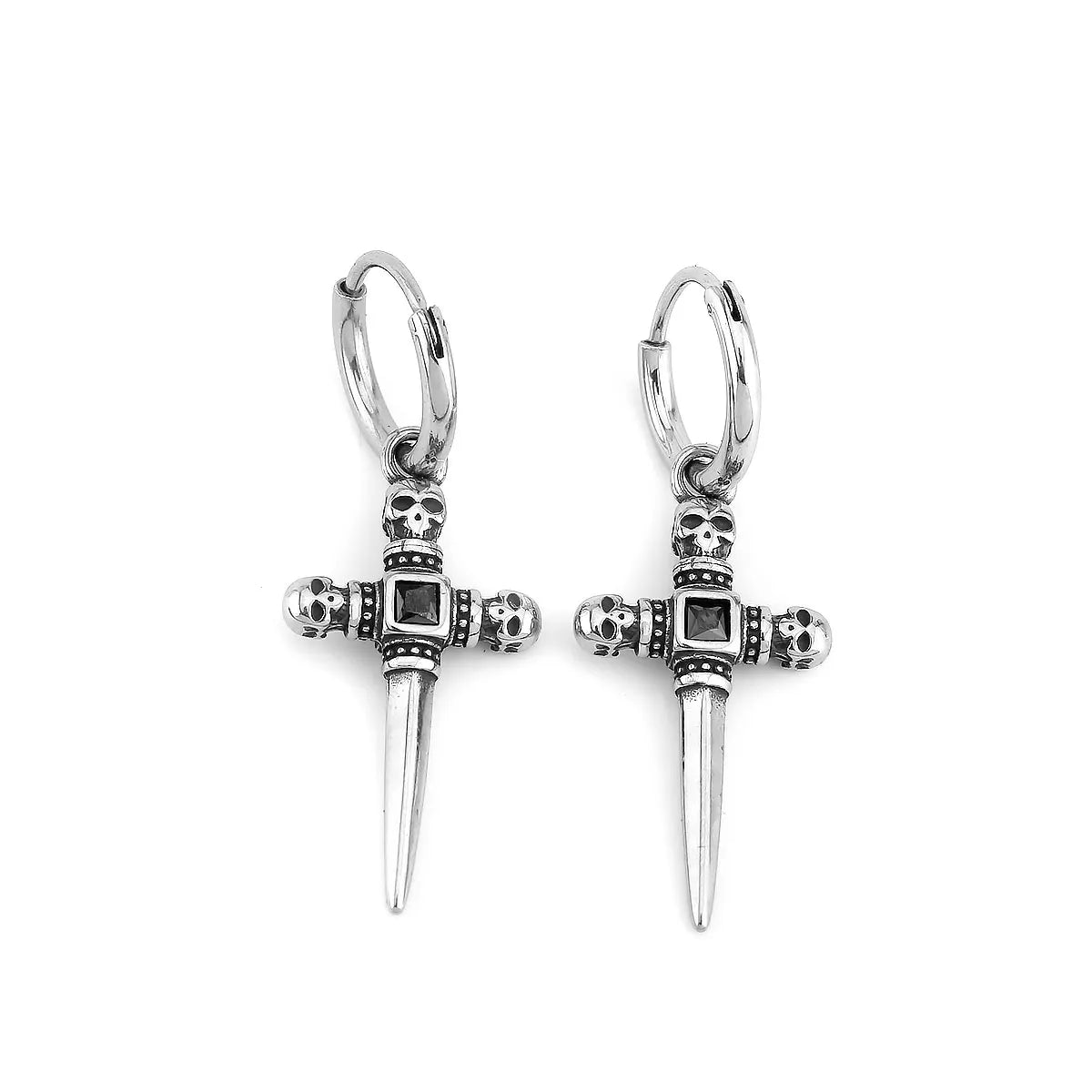 Stainless Steel Skull Cross Unisex Drop Earrings-Black Diamonds New York