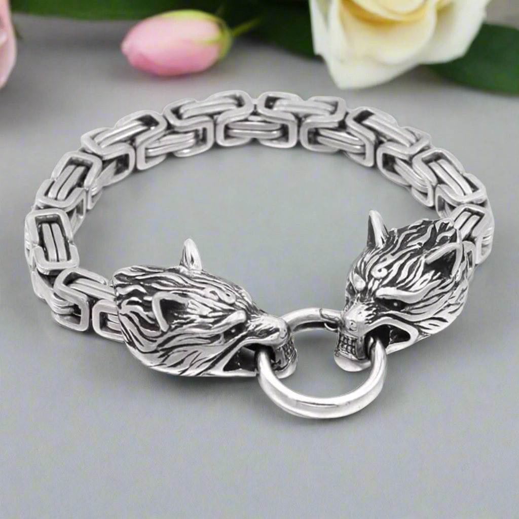 Stainless Steel Viking Wolf Head Men's Bracelet-Black Diamonds New York