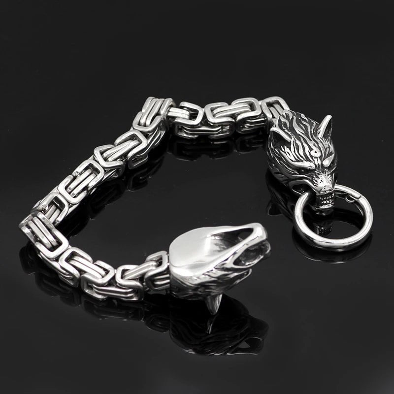 Stainless Steel Viking Wolf Head Men's Bracelet-Black Diamonds New York