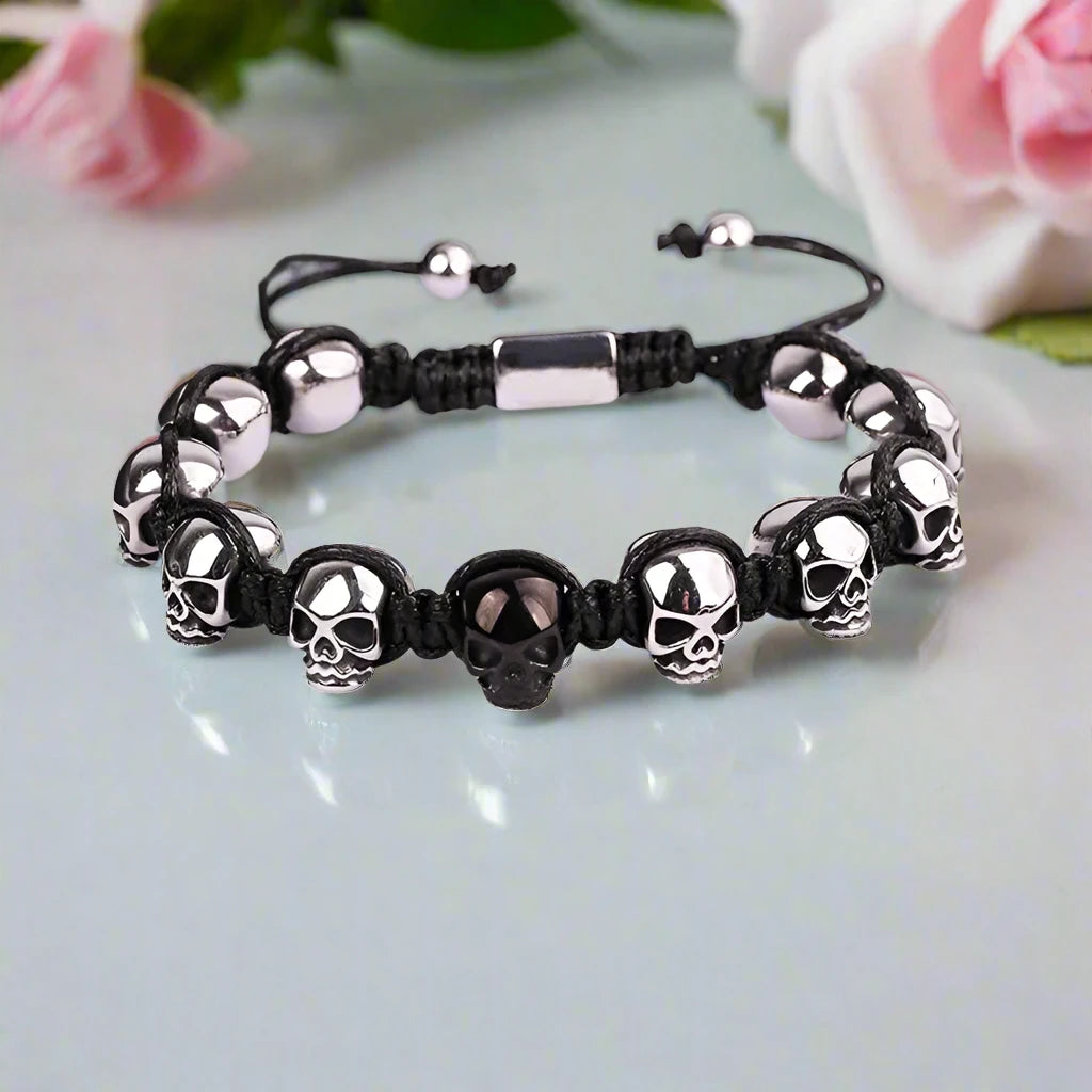 Unisex Skull Beads Gothic Bracelet with Braided Wrap-Black Diamonds New York