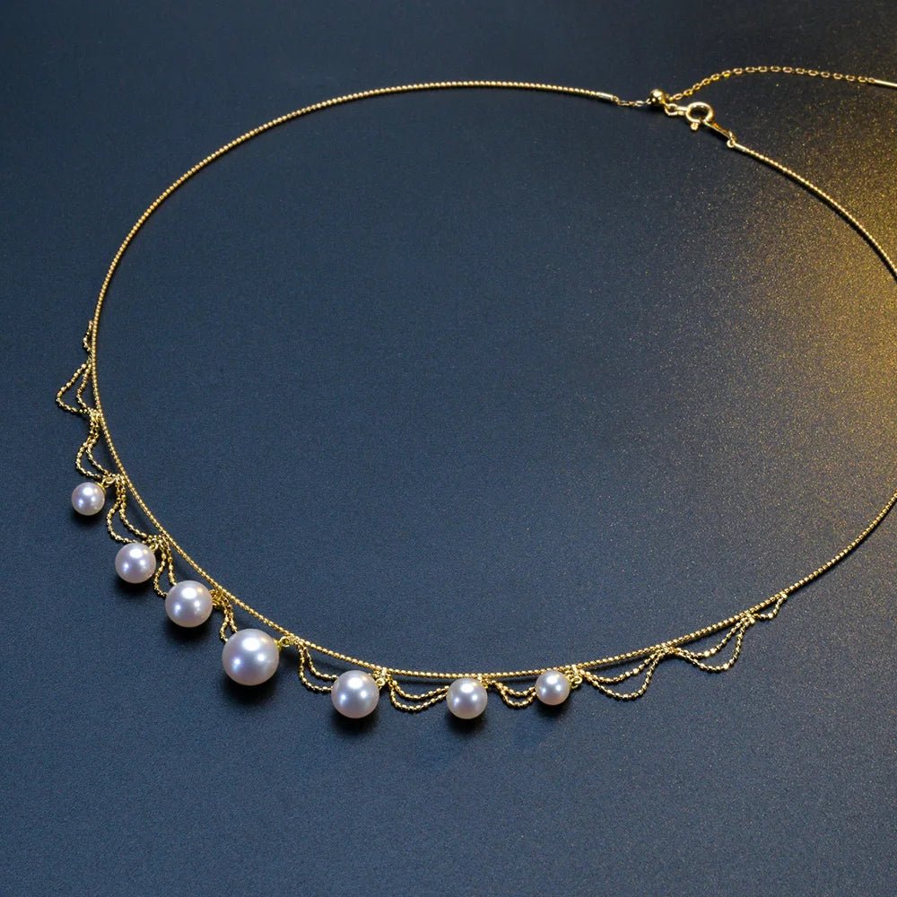 White Freshwater Pearl 18k Yellow Gold Necklace-Black Diamonds New York