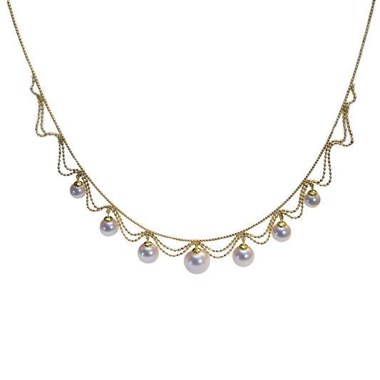 White Freshwater Pearl 18k Yellow Gold Necklace-Black Diamonds New York