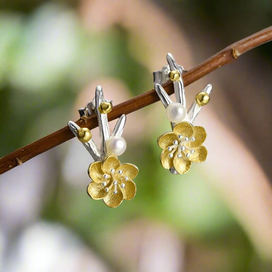 Winter Blossom and Snow Flower Stud Earrings-Black Diamonds New York