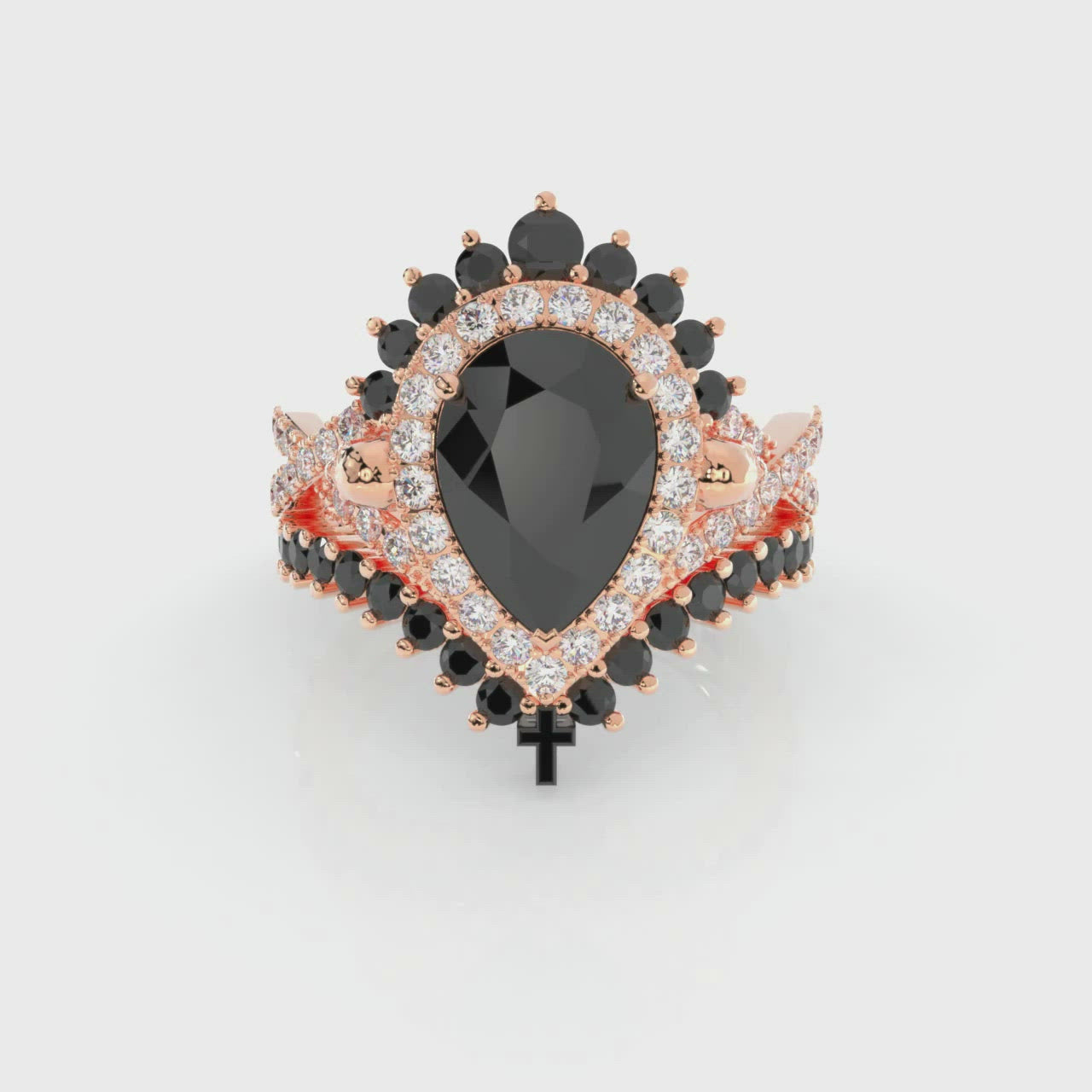 Loyalty Ring- 1ct Pear Cut Black Diamond Skull Ring Set
