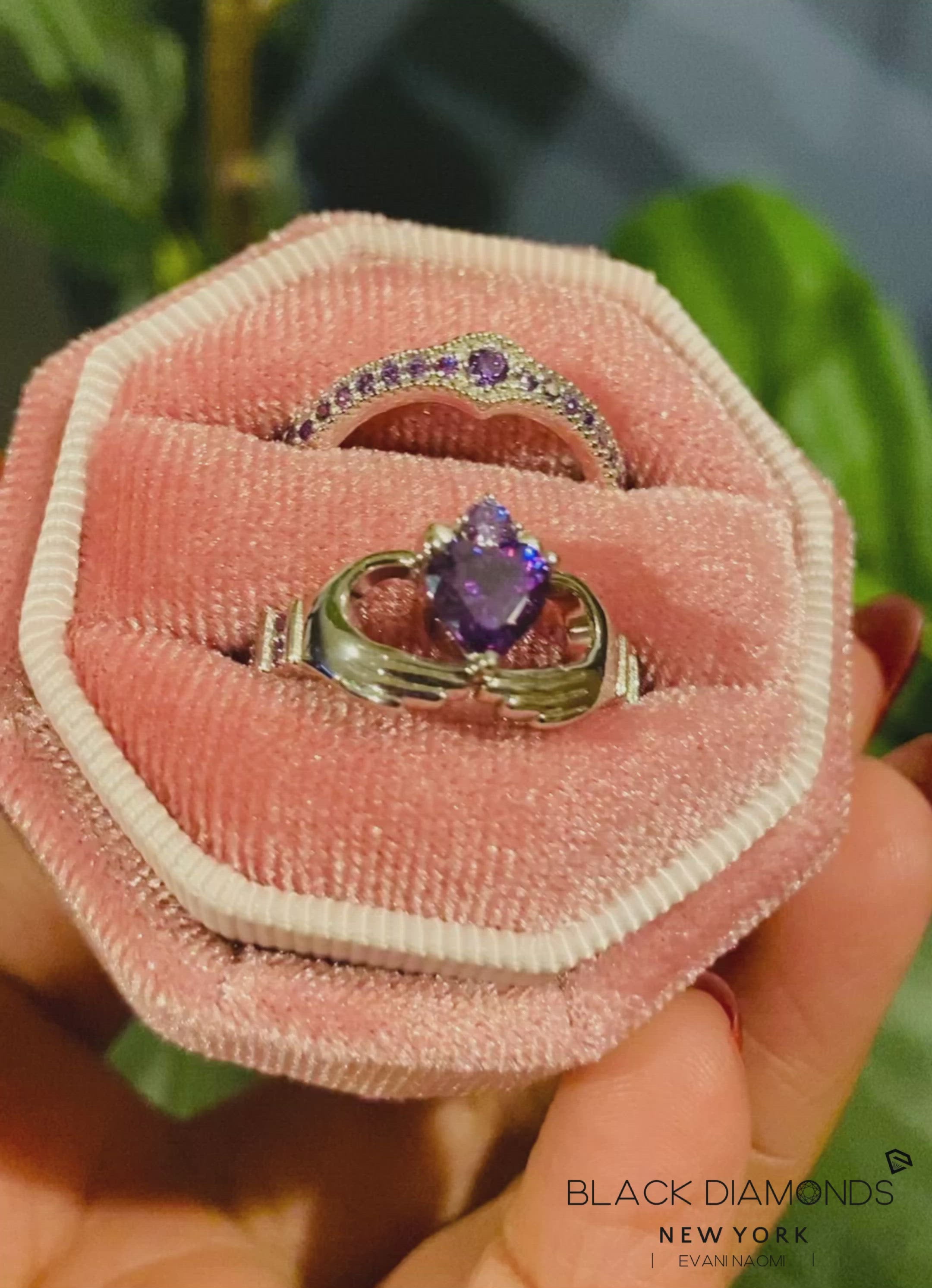 Claddagh Wedding Ring Set in Purple Created Diamond