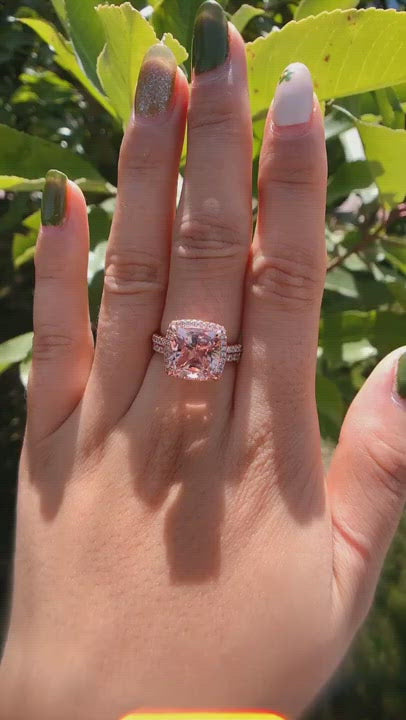 Morganite 5.0 Carat Cushion Cut Wedding Ring Set