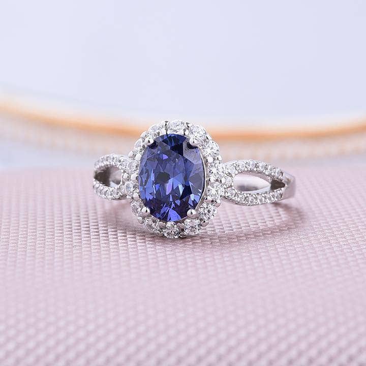 1.0 ct Blue Sapphire Oval Cut Halo Engagement Ring-Black Diamonds New York