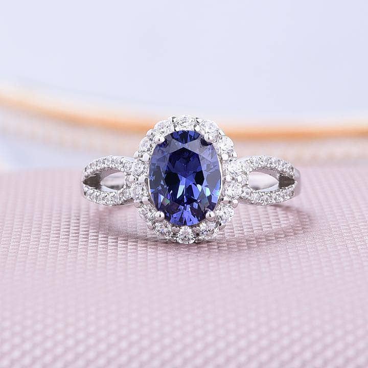 1.0 ct Blue Sapphire Oval Cut Halo Engagement Ring-Black Diamonds New York