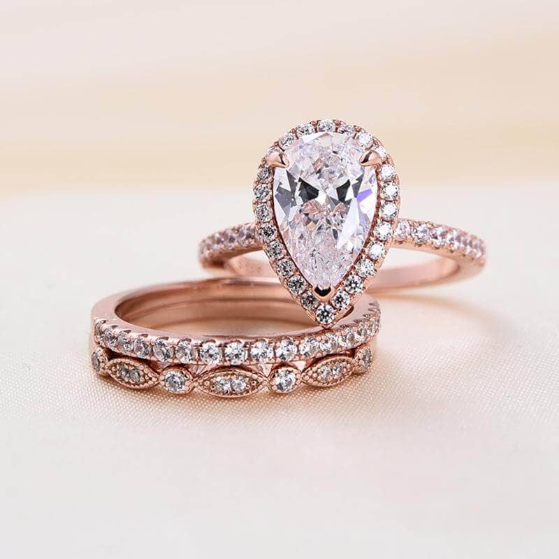 10k Rose Gold Halo Pear Cut Diamond 3pcs Wedding Ring Set-Black Diamonds New York