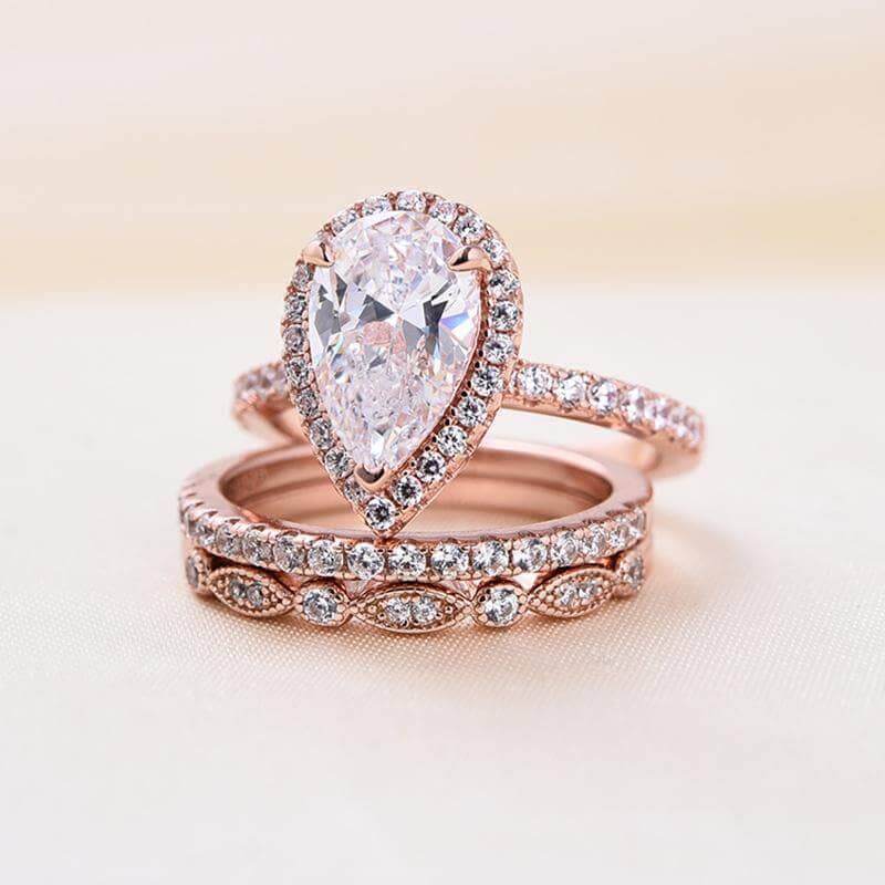 10k Rose Gold Halo Pear Cut Diamond 3pcs Wedding Ring Set-Black Diamonds New York