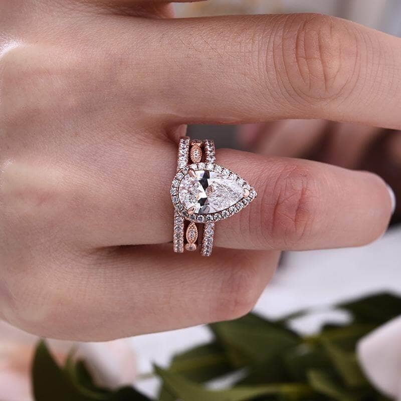 10k Rose Gold Halo Pear Cut Diamond 3pcs Wedding Ring Set-Black Diamonds New York