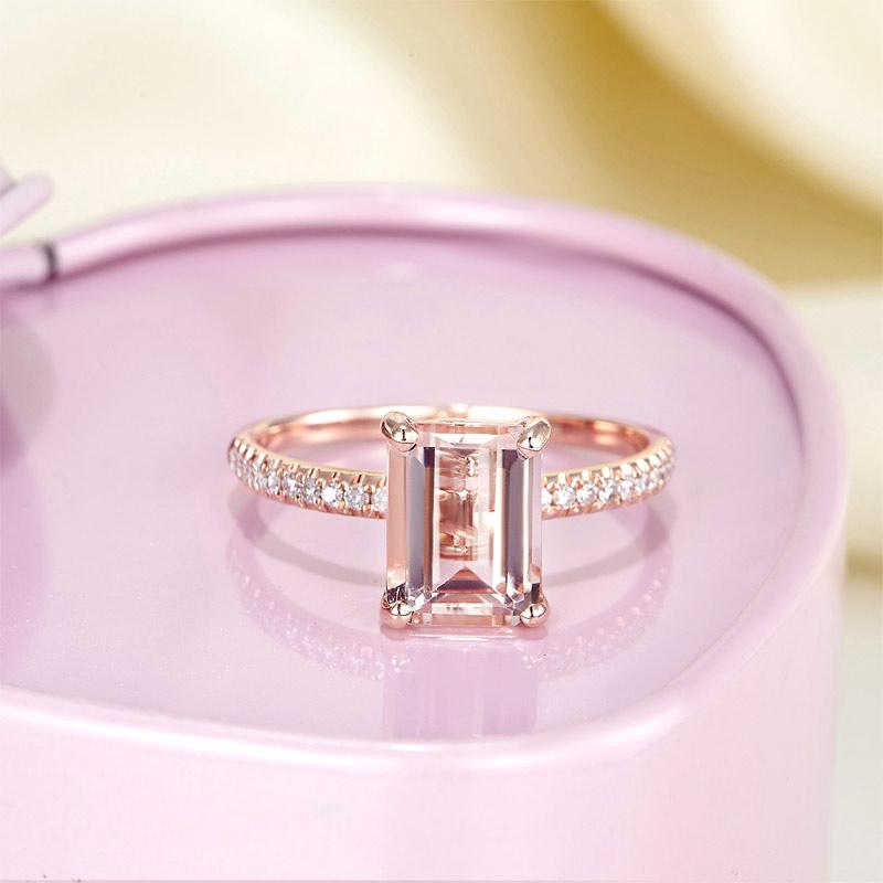 14K Rose Emerald Cut 2.8ct Peach Morganite 0.16 Ct Natural Diamond Ring-Black Diamonds New York