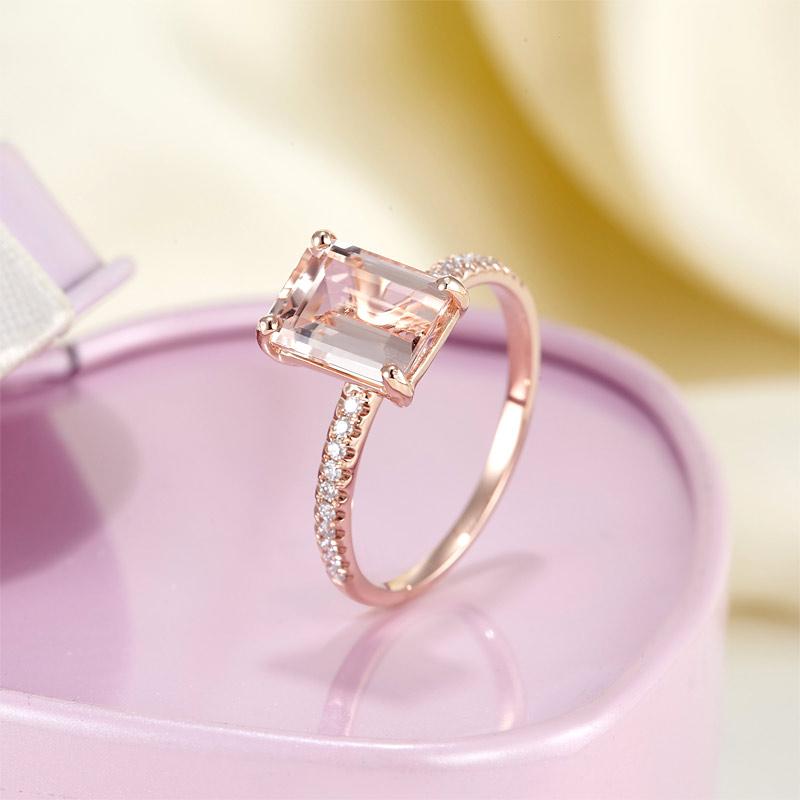 14K Rose Emerald Cut 2.8ct Peach Morganite 0.16 Ct Natural Diamond Ring-Black Diamonds New York