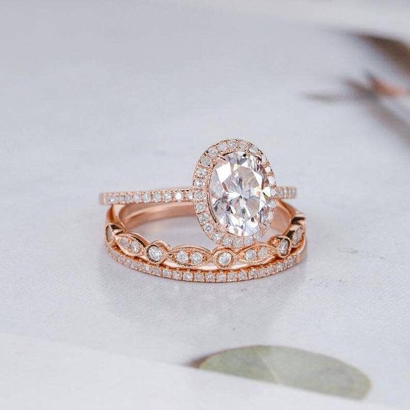 1.60 CT /8*6mm Oval Diamond Engagement Ring Set Rose Gold Plated Elongated Oval Cut Engagement Ring Set selling Matching Plain Band Anniversary Gift