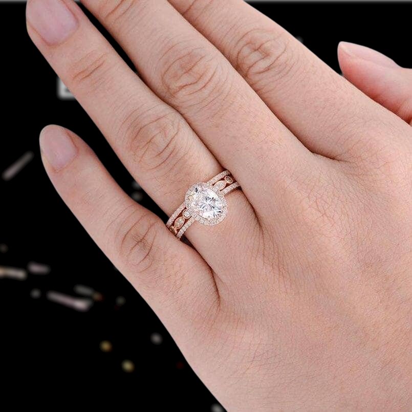 1.0CT Rose Gold Oval Shaped Rose Quartz Engagement Ring Diamond