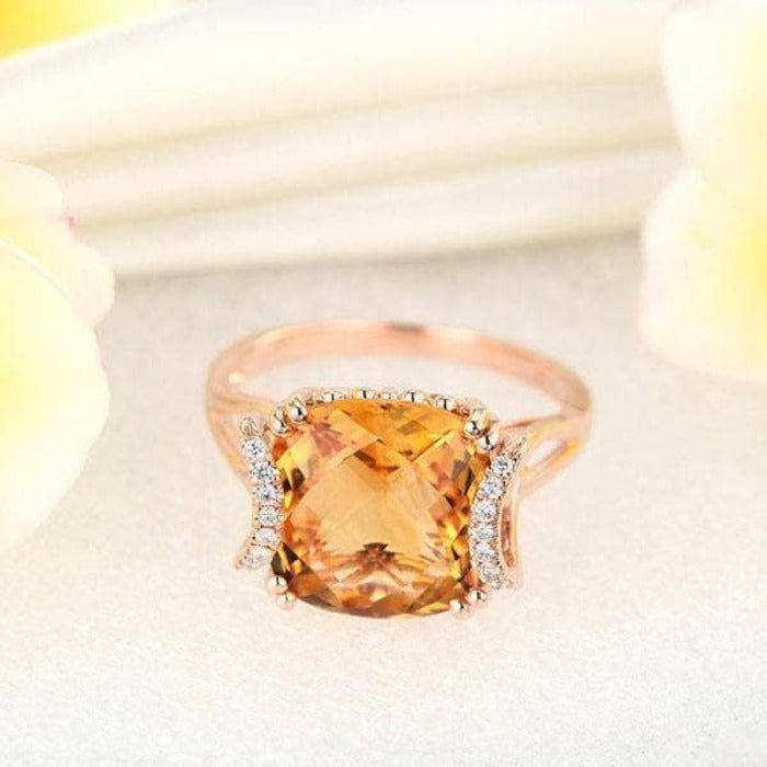 14K Rose Gold 6ct Cushion Yellow Citrine Diamond Ring-Black Diamonds New York