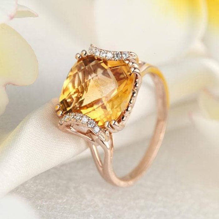 14K Rose Gold 6ct Cushion Yellow Citrine Diamond Ring-Black Diamonds New York