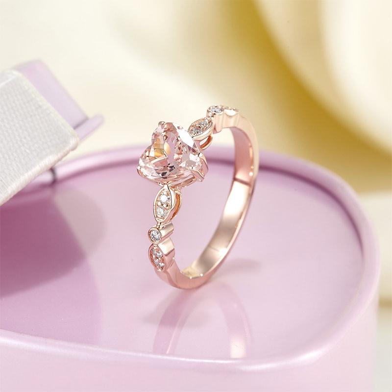 14K Rose Gold 7mm Heart Peach Morganite 0.1 Ct Natural Diamond Ring-Black Diamonds New York