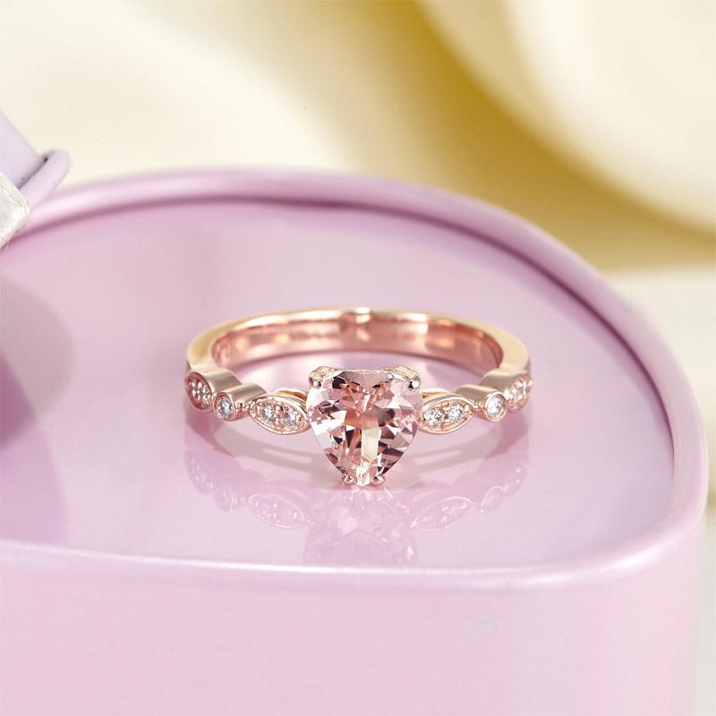 14K Rose Gold 7mm Heart Peach Morganite 0.1 Ct Natural Diamond Ring-Black Diamonds New York