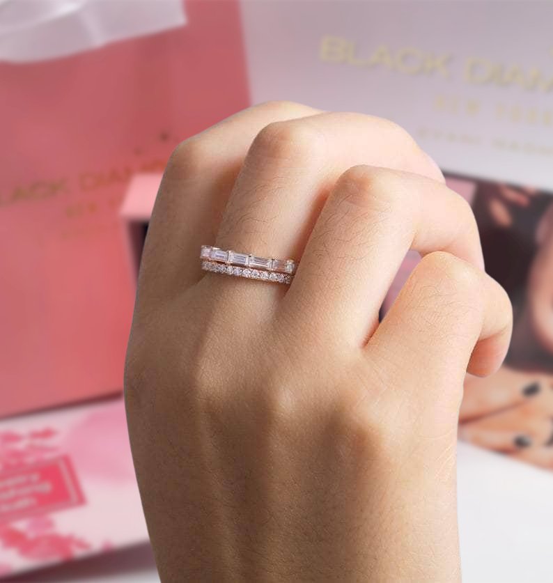 14K Rose Gold Baguette and Round Diamond Wedding Band Black Diamonds New York