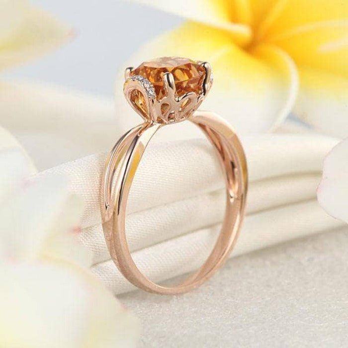 14K Rose Gold Floral Yellow Citrine Natural Diamond Ring-Black Diamonds New York