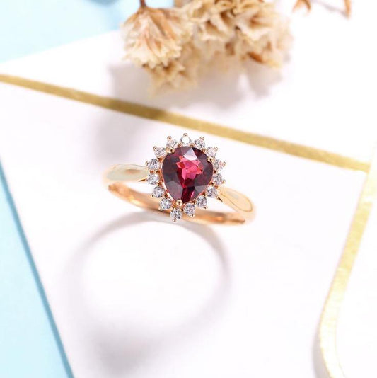 14k Rose Gold Pear Cut Garnet Diamond Halo Engagement Ring-Black Diamonds New York