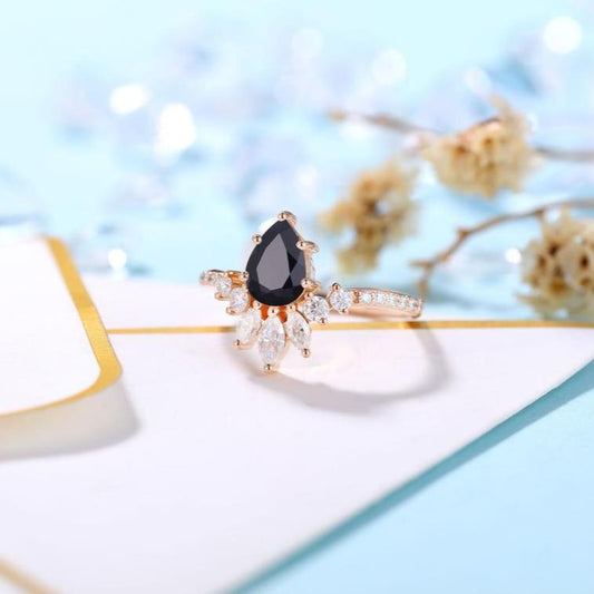 14K Rose Gold Pear Cut Onyx Cocktail Ring-Black Diamonds New York