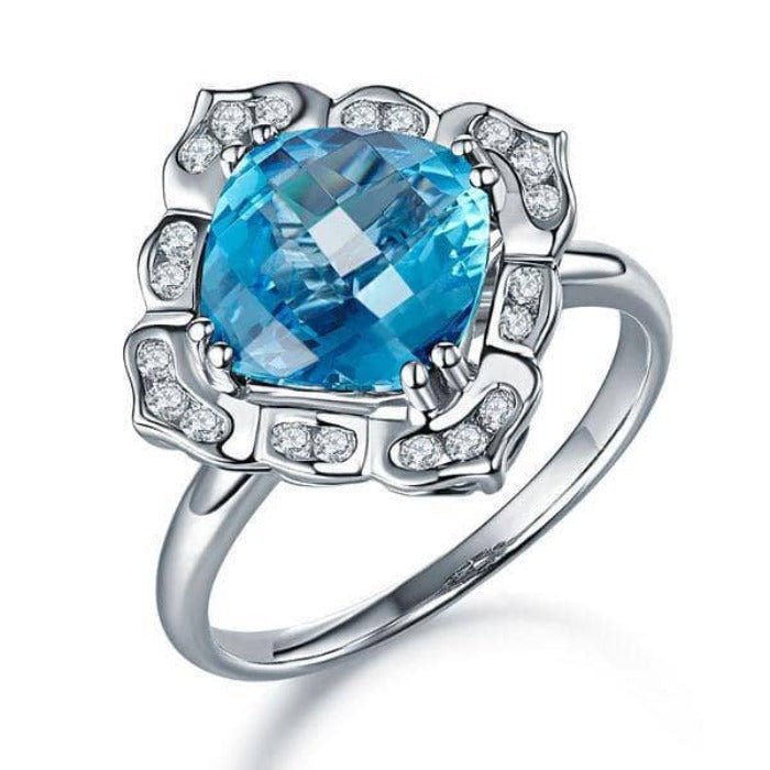 14K White 3ct Swiss Blue Topaz Natural Diamond Ring-Black Diamonds New York