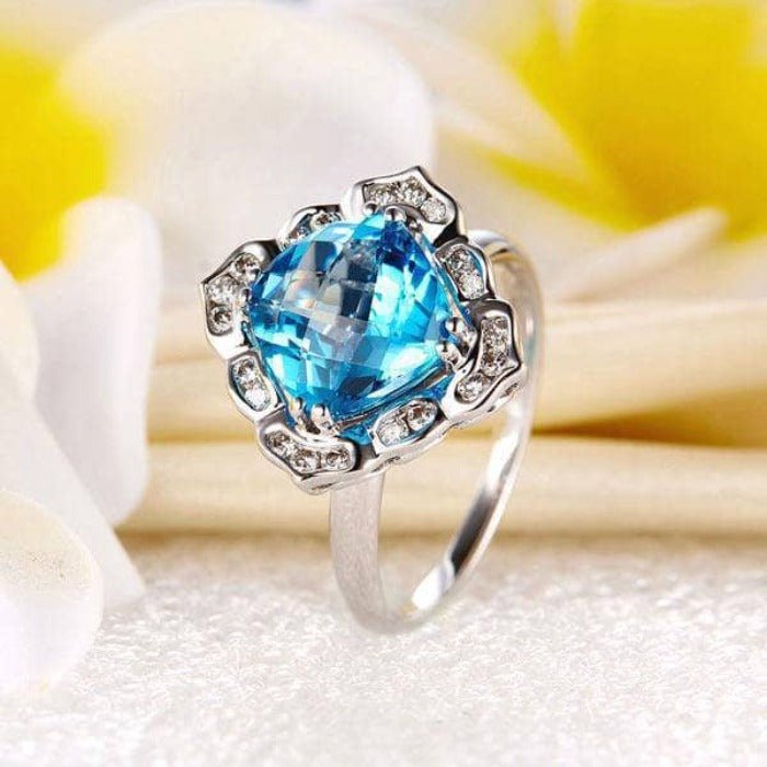 14K White 3ct Swiss Blue Topaz Natural Diamond Ring-Black Diamonds New York