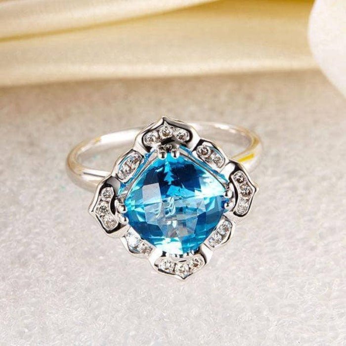 14K White 3ct Swiss Blue Topaz Natural Diamond Ring-Black Diamonds New York