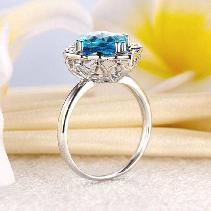 14K White 3ct Swiss Blue Topaz Natural Diamond Ring-Black Diamonds New York