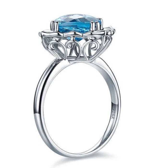 14K White 3ct Swiss Blue Topaz Natural Diamond Ring-Black Diamonds New York