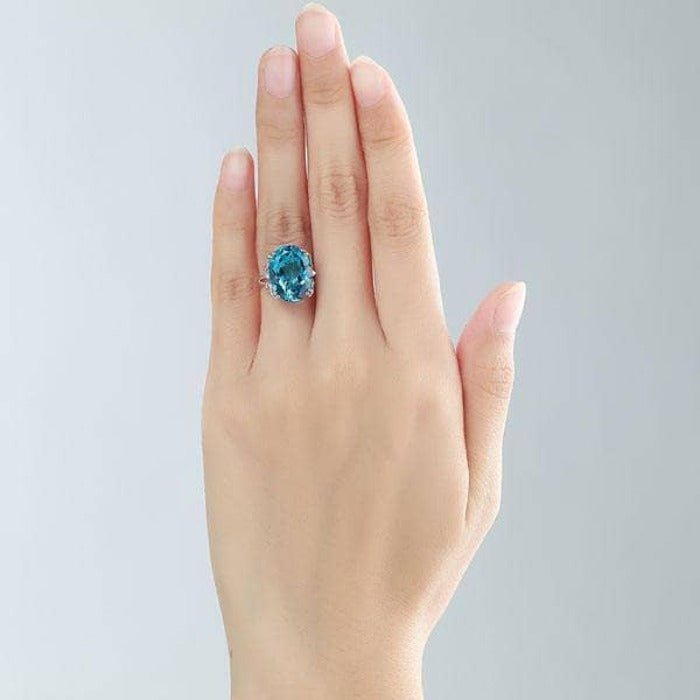 14K White Gold 10.3ct Oval Swiss Blue Topaz Diamond Ring-Black Diamonds New York