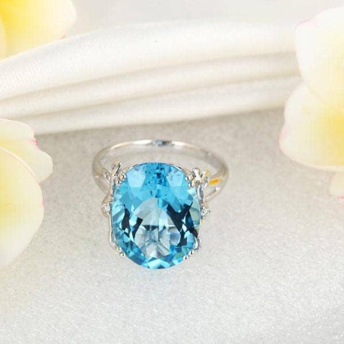 14K White Gold 10.3ct Oval Swiss Blue Topaz Diamond Ring-Black Diamonds New York