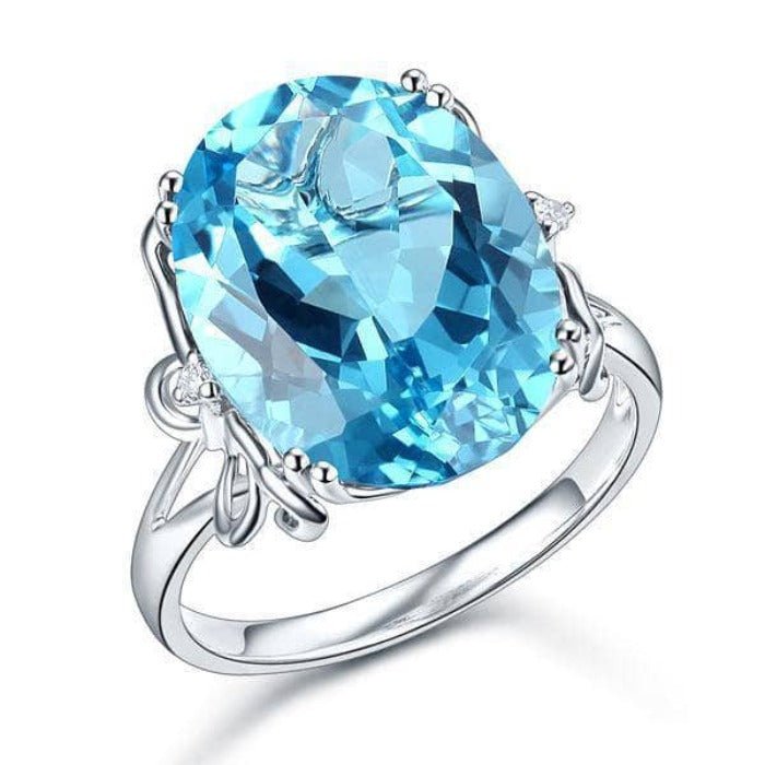 14K White Gold 10.3ct Oval Swiss Blue Topaz Diamond Ring-Black Diamonds New York