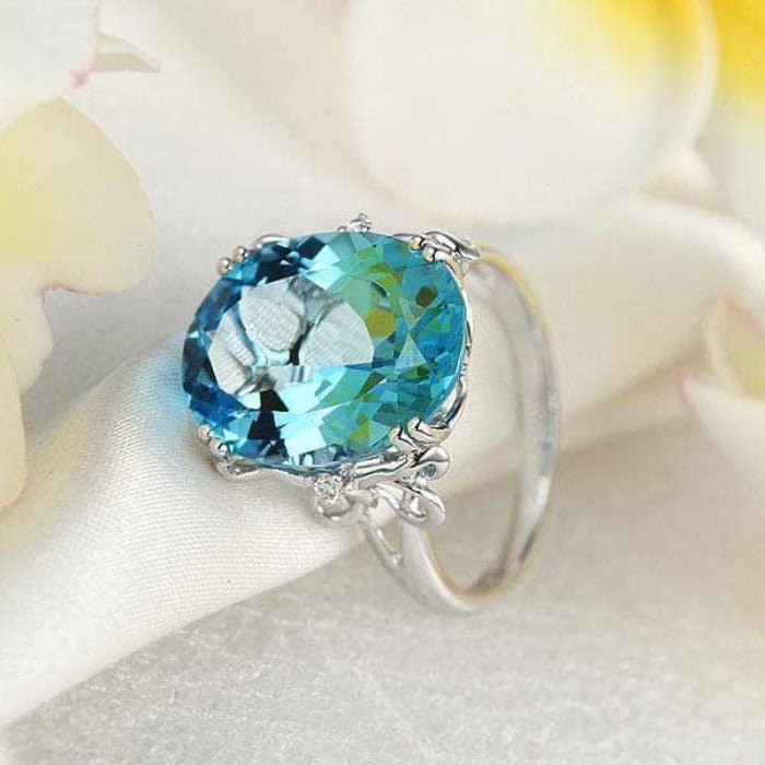 14K White Gold 10.3ct Oval Swiss Blue Topaz Diamond Ring-Black Diamonds New York