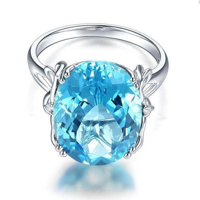 14K White Gold 10.3ct Oval Swiss Blue Topaz Diamond Ring-Black Diamonds New York