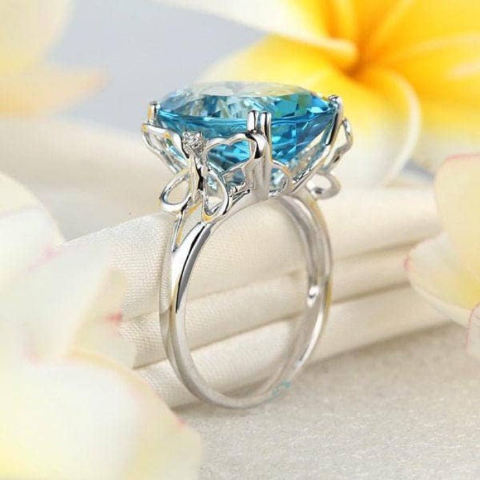 14K White Gold 10.3ct Oval Swiss Blue Topaz Diamond Ring-Black Diamonds New York