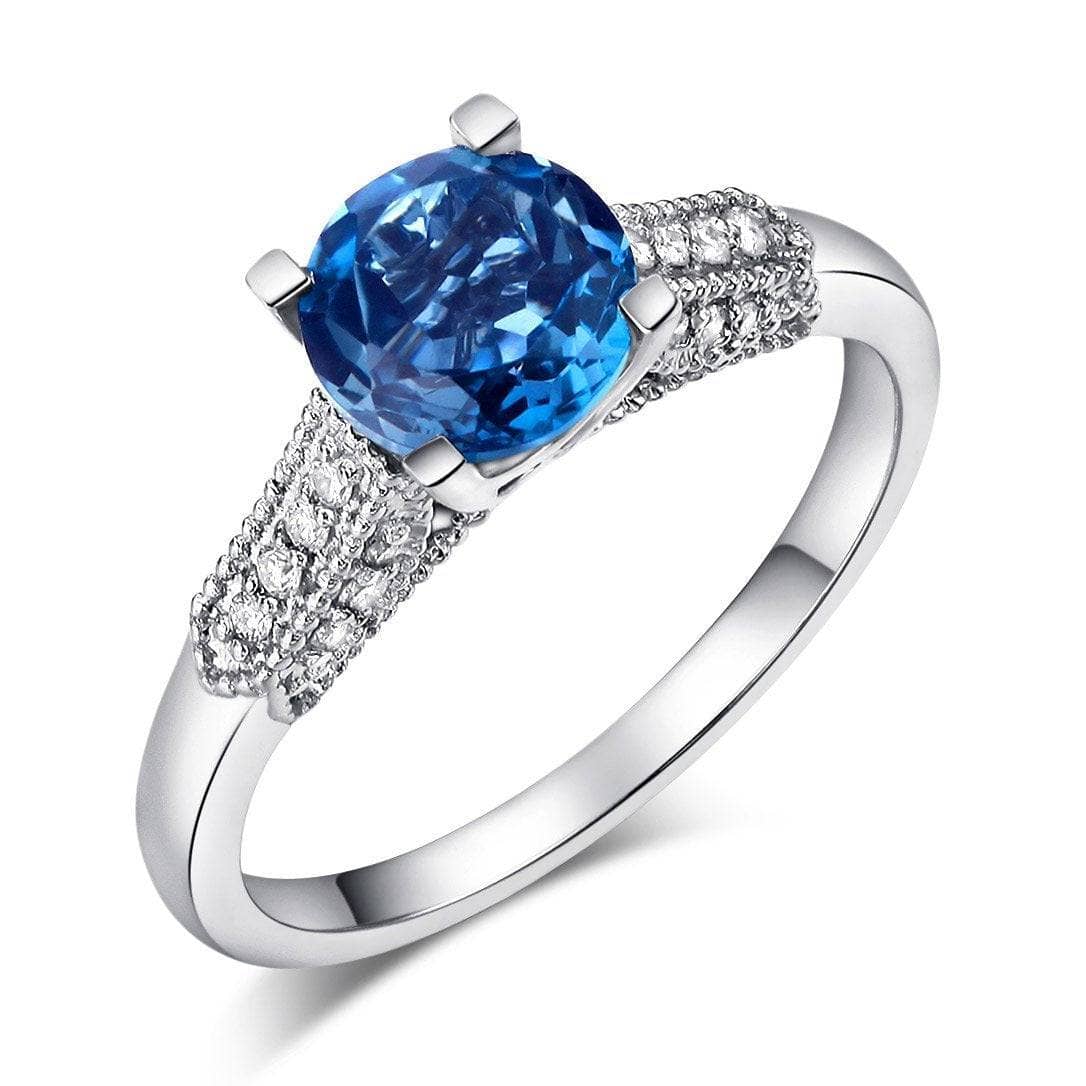 14K White Gold 1.2 Ct London Blue Topaz & Natural Diamond Ring-Black Diamonds New York