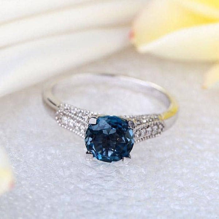 14K White Gold 1.2 Ct London Blue Topaz & Natural Diamond Ring-Black Diamonds New York