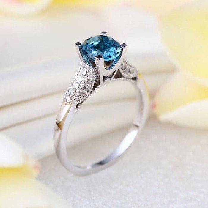 14K White Gold 1.2 Ct London Blue Topaz & Natural Diamond Ring-Black Diamonds New York